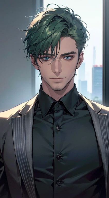 (best quality,4k,8k,highres,masterpiece:1.2),ultra-detailed,(realistic,photorealistic,photo-realistic:1.37),1 man,31 years old,mature man,very handsome,without expression,smile,short green hair,blue eyes,penetrating gaze,perfect face without errors,imposing posture,businessman,office background,cinematic lighting,hdr image