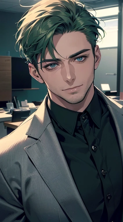 (best quality,4k,8k,highres,masterpiece:1.2),ultra-detailed,(realistic,photorealistic,photo-realistic:1.37),1 man,31 years old,mature man,very handsome,without expression,smile,short green hair,blue eyes,penetrating gaze,perfect face without errors,imposing posture,businessman,office background,cinematic lighting,hdr image