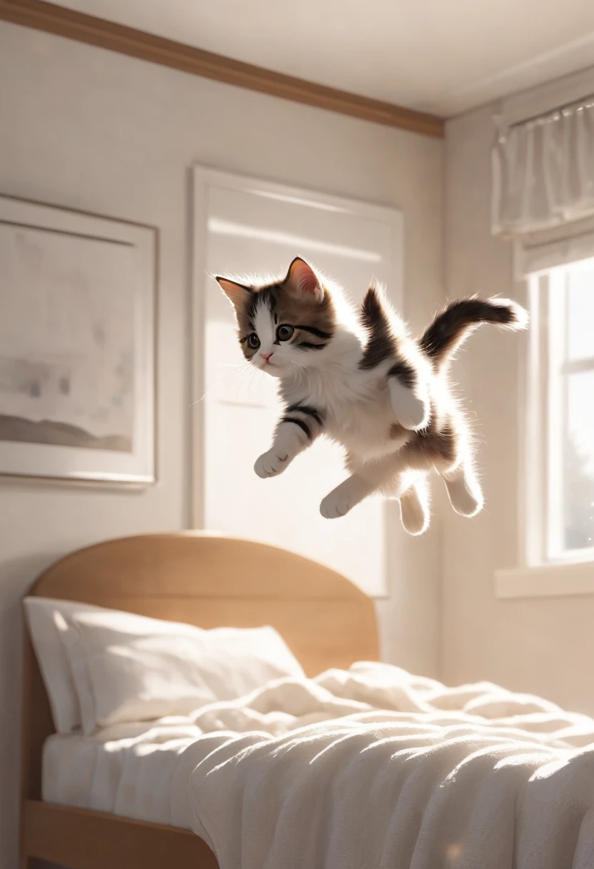 A detailed illustration of a small kitten in mid-air, captured in a leap off a bed. The kitten is adorably fluffy with its paws extended as it jumps. The background features a minimalist room with plain walls and a wardrobe, and the bed is covered with a white blanket. The lighting is soft, creating a cozy and serene atmosphere.