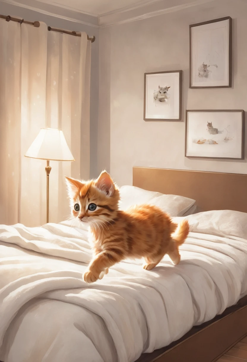 A detailed illustration of a small kitten in mid-air, captured in a leap off a bed. The kitten is adorably fluffy with its paws extended as it jumps. The background features a minimalist room with plain walls and a wardrobe, and the bed is covered with a white blanket. The lighting is soft, creating a cozy and serene atmosphere.