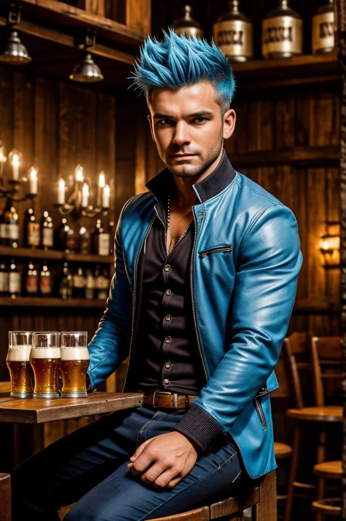 The image shows a young man sitting on a stool inside a tavern. He has light blue, spiky hair., with a thoughtful and serious expression on his face. He is dressed in a bright red outfit, with silver studs adorning his jacket and pants. The jacket is open, revealing his muscular chest. The man rests his head on one hand, while the other rests on the knee. at your side, on the wooden table, there is a mug of foamy beer. The atmosphere of the tavern is warm and welcoming, with wooden barrels and bottles on the shelves in the background, dimly lit by ambient light.