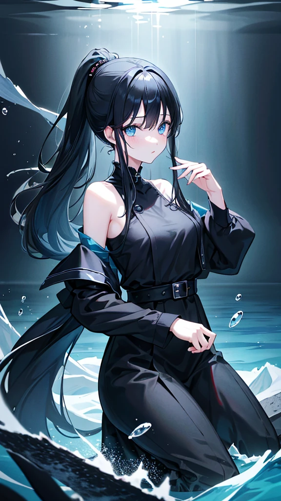 Black Hair、Long Ponytail、Blue Eyes、、Black clothes、Dark Deep Sea、The deep sea where no light reaches、Invitation、4K、high resolution、masterpiece