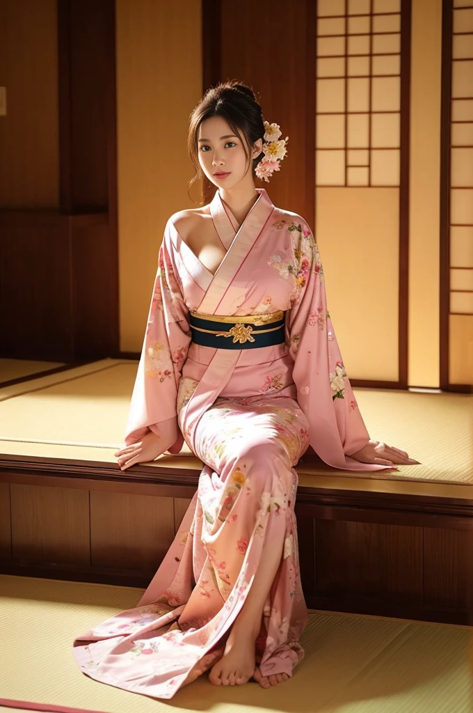 masterpiece, Highest quality,Large Breasts、pink kimono、Cinematic atmosphere、Professional composition、Natural Body、fantasy,sitting in front of a golden screen、flower arrangement、tatami、looking at the camera、real、Natural limbs