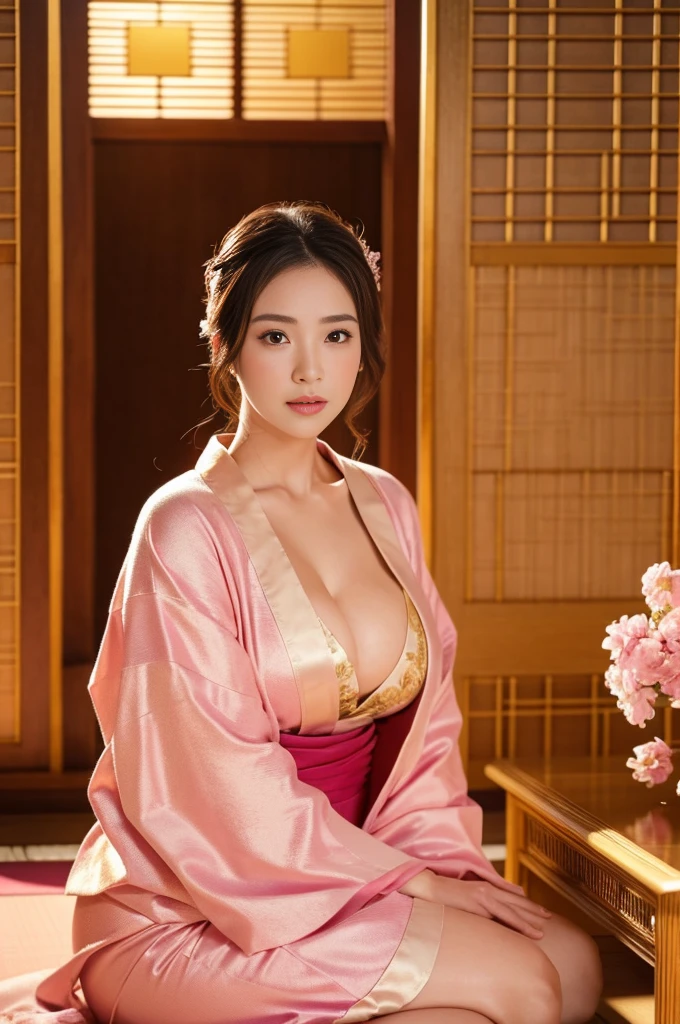 masterpiece, Highest quality,Large Breasts、pink kimono、Cinematic atmosphere、Professional composition、Natural Body、fantasy,sitting in front of a golden screen、flower arrangement、tatami、looking at the camera、real、Natural limbs