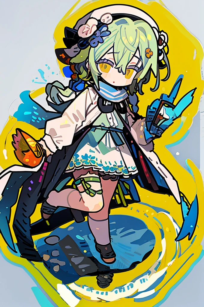 A girl,(Standing picture),(whole body),Character Design,Fashion Design,Complex headdress,Complex clothes,cute,scarf,Everyday wear,Green hair,hat,apple,lace,Complex clothes,Skeleton,Floral bud skirt,White and black skirt,blue crystal,Braid