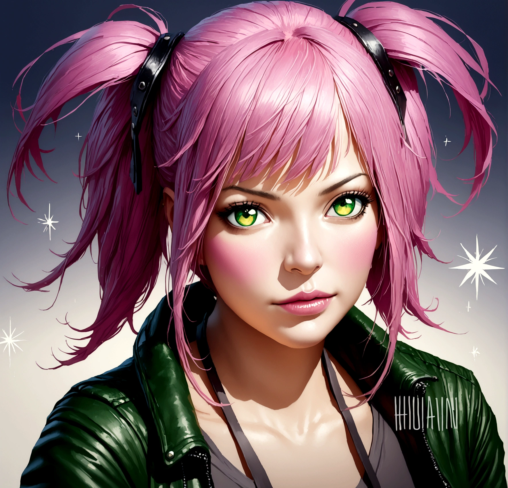 1girl, pink hair in twin tails, blue bangs, dark blue eyes, leather jacket, simple black shirt, fingerless gloves, anime one piece (wano saga) style, (best quality,4k,8k,highres,masterpiece:1.2),ultra-detailed,(realistic,photorealistic,photo-realistic:1.37),dynamic pose, vibrant colors, dramatic lighting, intricate details, professional illustration