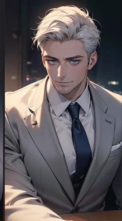 (best quality,4k,8k,highres,masterpiece:1.2),ultra-detailed,(realistic,photorealistic,photo-realistic:1.37),1 man,31 years old,mature man,very handsome,without expression,smile,short white hair,blue eyes,penetrating gaze,perfect face without errors,imposing posture,businessman,office background,cinematic lighting,hdr image