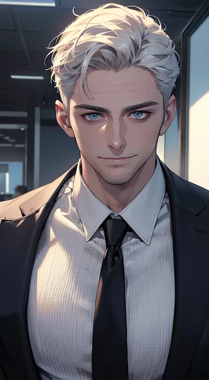 (best quality,4k,8k,highres,masterpiece:1.2),ultra-detailed,(realistic,photorealistic,photo-realistic:1.37),1 man,31 years old,mature man,very handsome,without expression,smile,short white hair,blue eyes,penetrating gaze,perfect face without errors,imposing posture,businessman,office background,cinematic lighting,hdr image