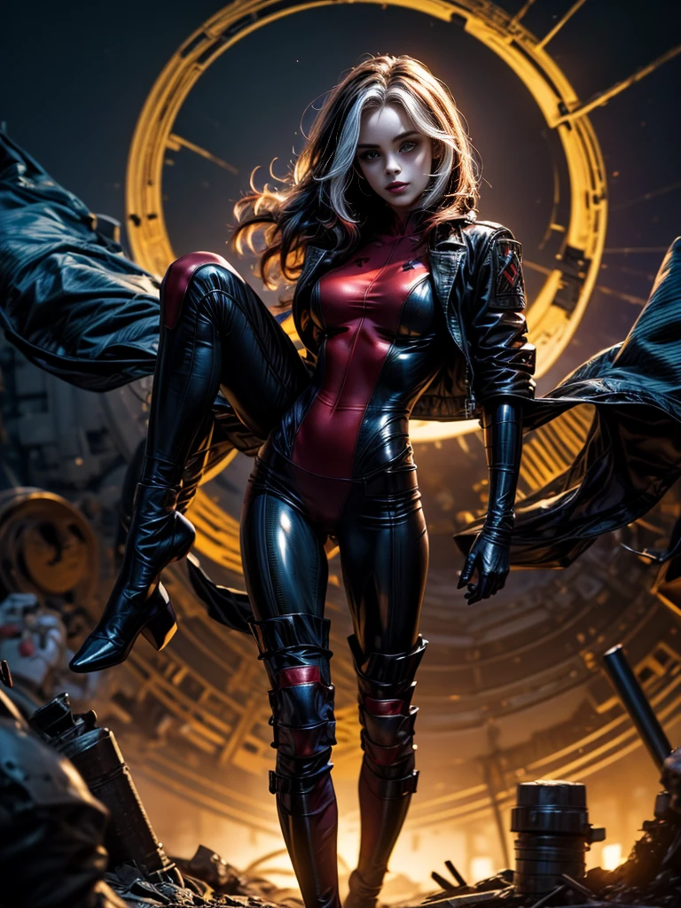 Maggie Q、masterpiece、High quality 4K、villain (X-Men)、Gothic Girl、Sculpted Body Gothic Makeup、Black jacket、Red and blue bodysuit、masterpiece、highest quality、Cowboy Shots、one personの女の子、one person、Technology Military Bodysuit、fringe