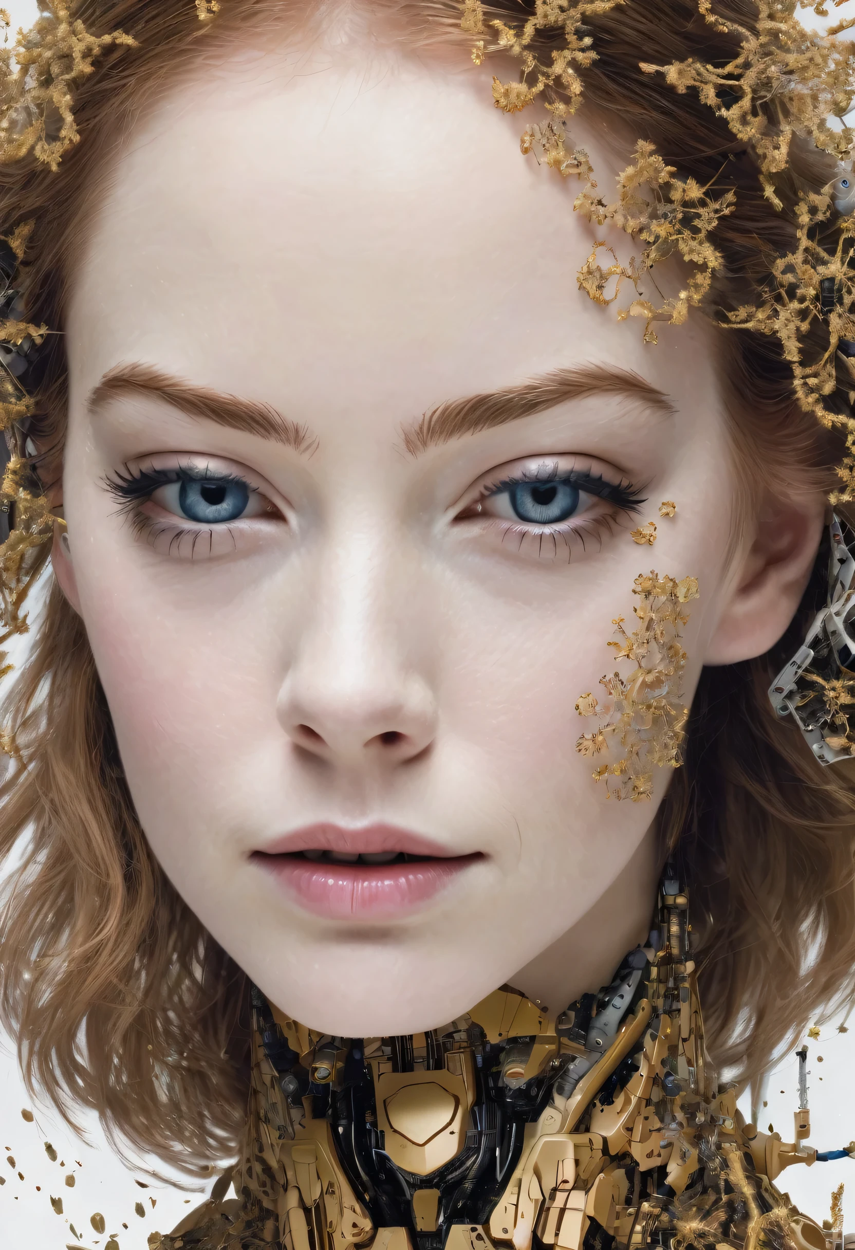 Emma stone robot, mandelbrot, cellular automata, human face, extremely white face powder, heavy make-up, pixiv, hd, hq, 5d, hyper-realistic, black irises