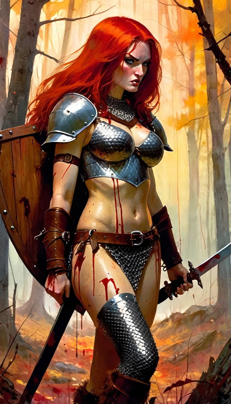 A fierce redhead warrior, Red Sonja, in chain mail, very sexy, full of blood, with a wooden shield, in a closed forest landscape, autumn, blood stains , dramatic lighting, art inspired by Bill Sienkiewicz
