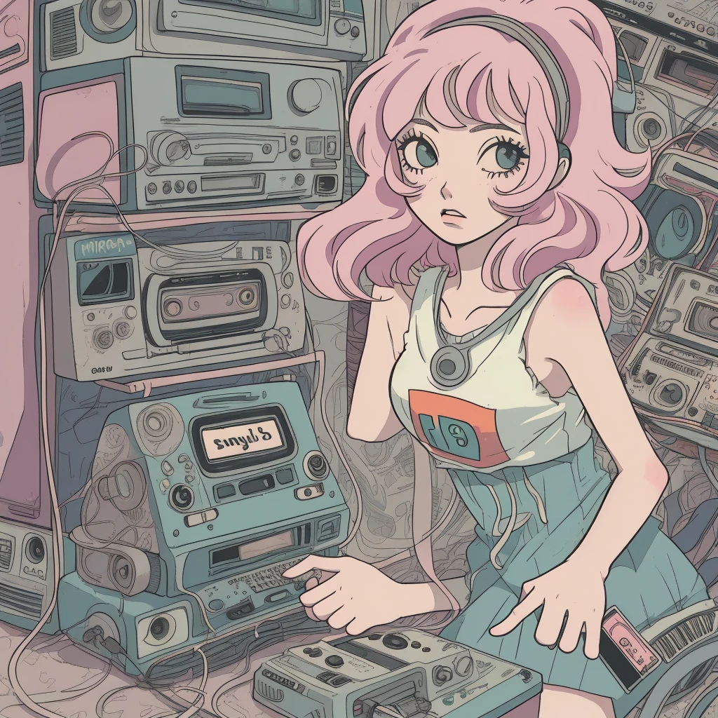 A person holding a cassette tape labeled ‘LOFI 1970-4,’ evoking a sense of nostalgia and retro music. The illustration style is reminiscent of manga or anime, with detailed hair and expressive line work.