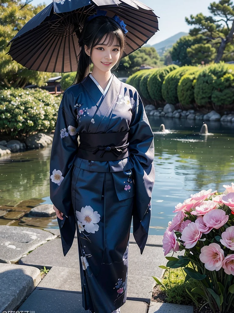(Ultra-realistic), (Best illustrations), (Increase the resolution), (8K), (masterpiece), (wallpaper), alone, 1 Girl, Looking at the audience, Black straight hair, Slender body, Smile, Yukata with blue floral pattern, Japanese garden