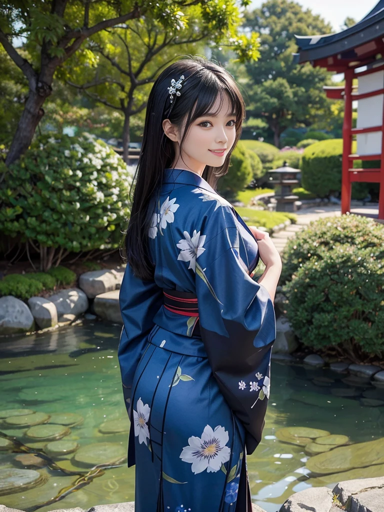 (Ultra-realistic), (Best illustrations), (Increase the resolution), (8K), (masterpiece), (wallpaper), alone, 1 Girl, Looking at the audience, Black straight hair, Slender body,  Smile, Yukata with blue floral pattern, Japanese garden