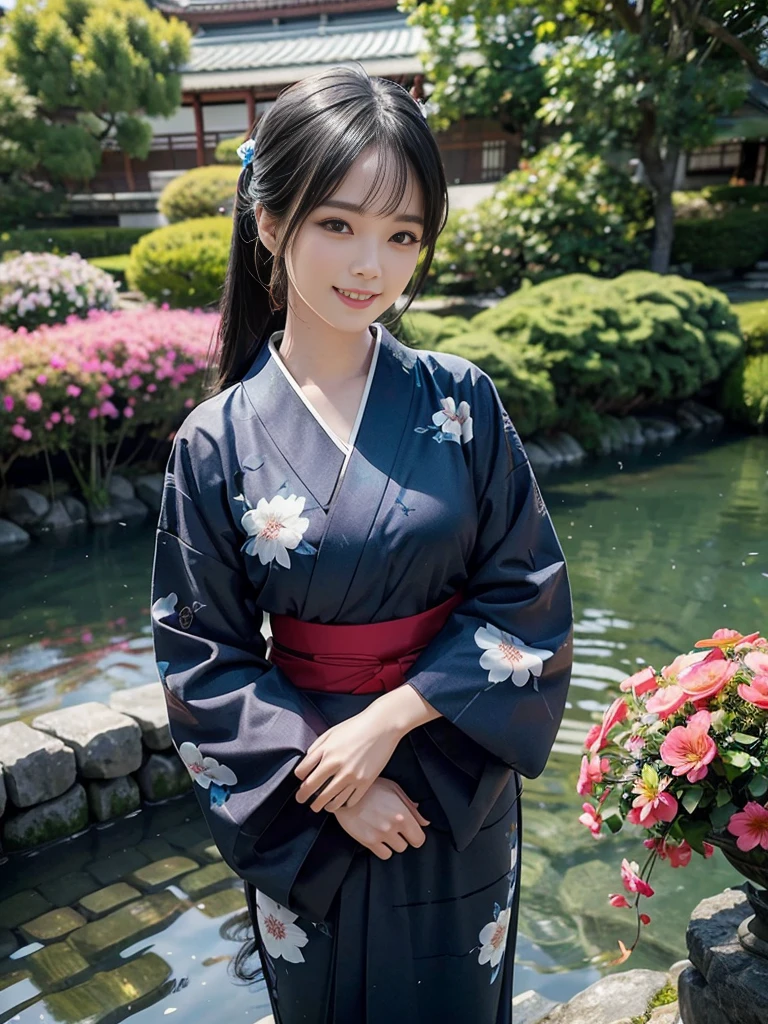 (Ultra-realistic), (Best illustrations), (Increase the resolution), (8K), (masterpiece), (wallpaper), alone, 1 Girl, Looking at the audience, Black straight hair, Slender body, Smile, Yukata with blue floral pattern, Japanese garden