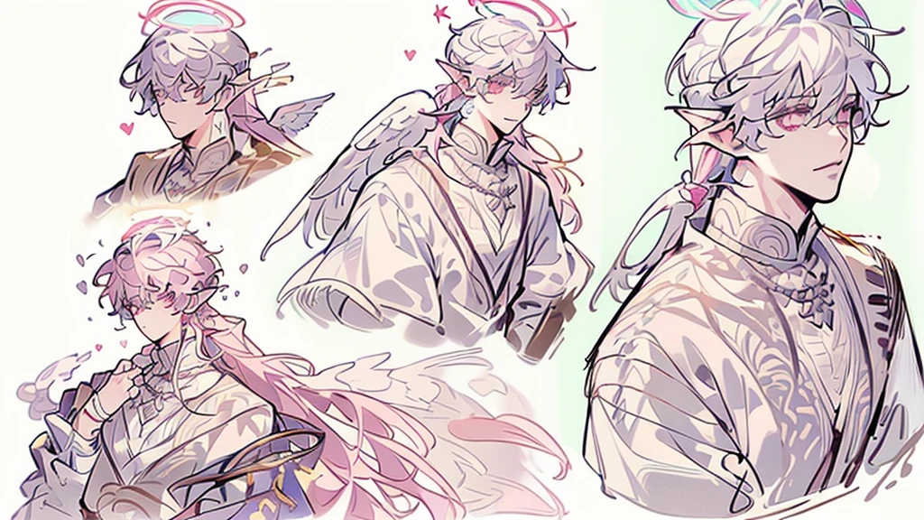 ((male focus)), ((reference sheet)), ((magnificent quality)), ((long white hair)), ((halo)), ((four angel wings)), ((pink eyes)), angel, angel boy, fancy clothes, regal clothes, ((wings for ears)), heart motif, pink gun with hearts on it, cupid, handsome male, reference sheet, adopt, deviantart adopt, toyhou.se