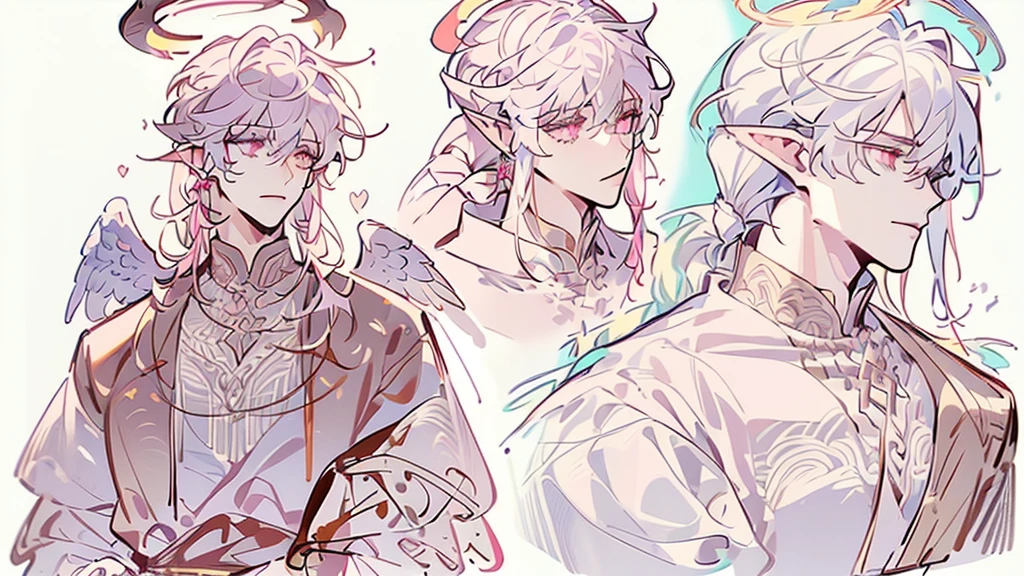 ((male focus)), ((reference sheet)), ((magnificent quality)), ((long white hair)), ((halo)), ((four angel wings)), ((pink eyes)), angel, angel boy, fancy clothes, regal clothes, ((wings for ears)), heart motif, pink gun with hearts on it, cupid, handsome male, reference sheet, adopt, deviantart adopt, toyhou.se