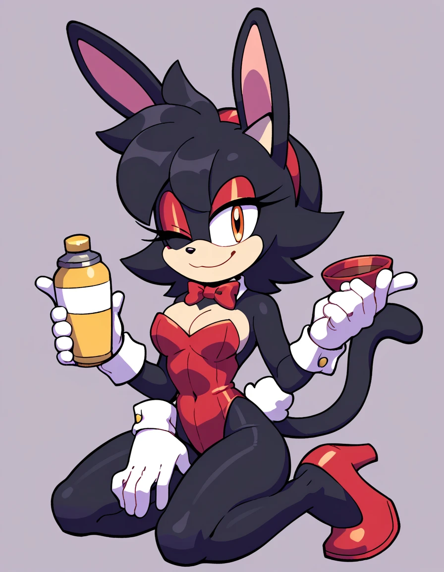 score_9, score_8_up, score_7_up, score_6_up, masterpiece, best quality, honey the cat, 1girl, solo, looking at viewer, smile, simple background, gloves, bow, holding, bare shoulders, closed mouth, tail, full body, one eye closed, white gloves, bowtie, red bow, high heels, leotard, cup, bare legs, cat girl, kneeling, strapless, makeup, , highleg, playboy bunny, happy, red footwear, rabbit tail, red bowtie, furry, highleg leotard, eyeshadow, strapless leotard, cat ears, animal nose, orange eyes, animal ears, furry female, sonic the hedgehog \(series\), black hair