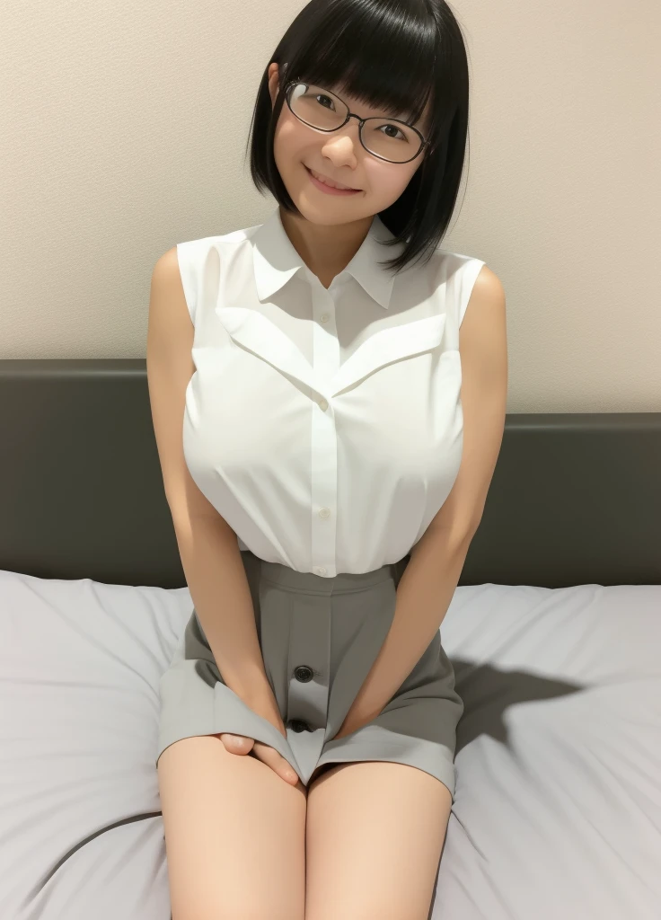 masterpiece、Highest quality、8K、Very detailed、Realistic、Realistic、View your viewers、Black Hair、Simple Background、(smile)、Big Breasts、whole body、Shirt with buttons and collar、skirt、See-through and sleeveless、Glasses、Erect nipples、Plain face、Short Hair、Lie on your back on the bed、Open your legs wide to the sides