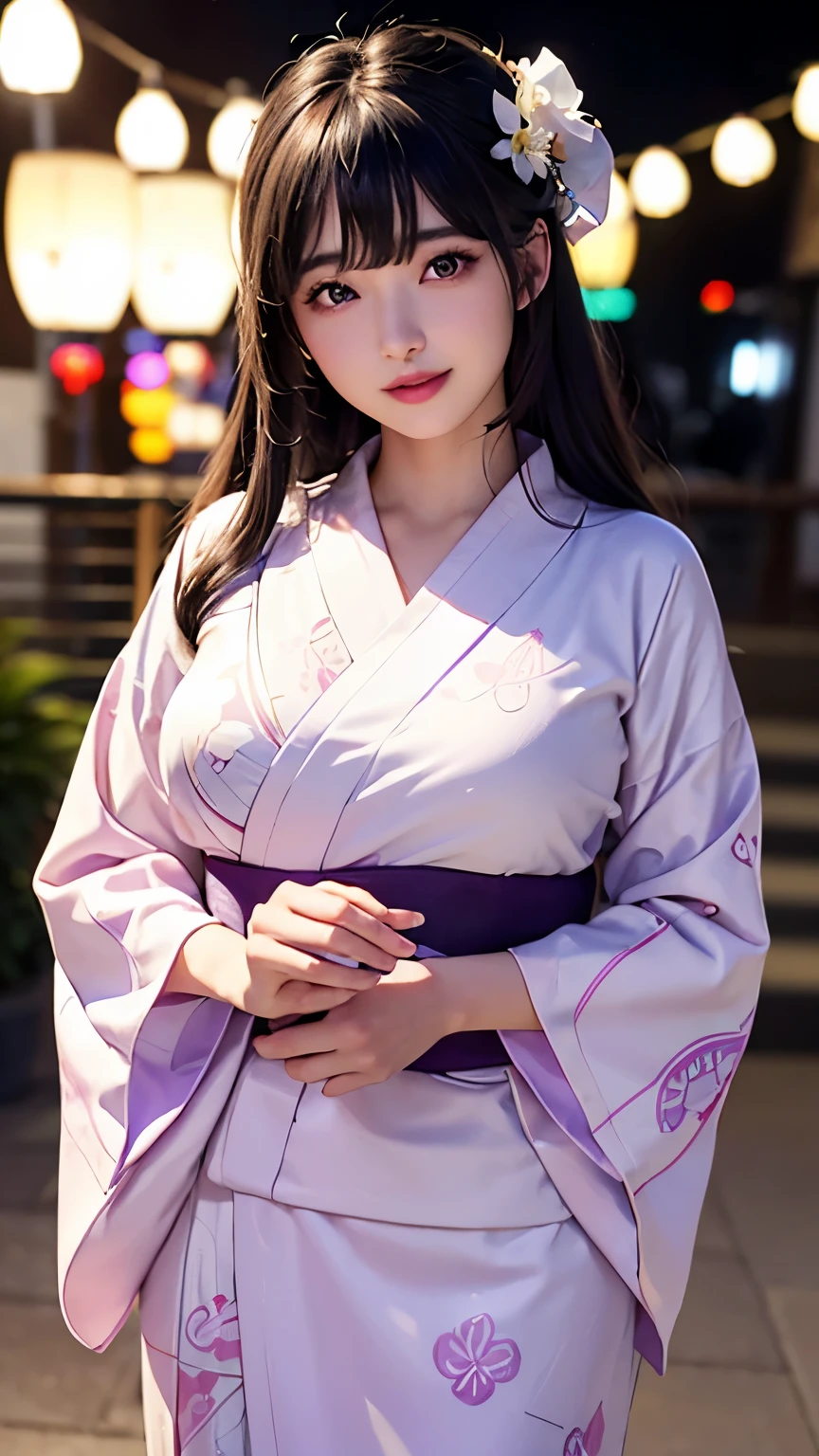 (logo、masterpiece、8K、Tabletop、RAW Photos、wonderful、最high quality、フォトリアリスティックでVery detailedな CG 複合 8K 壁紙、high quality、Very detailed、Narrative poem、Particle Effects、Dynamic Effects、Depth of the Boundary、Cinematic Light、Lens flare、Ray Tracing）、 (One beautiful woman wearing a yukata、White yukata、Light purple pattern)、Black-haired、High definition skin、Very fine、Fine skin texture、Beautiful Face、True Face、Beautiful details in the eyes、Realistic eyes、Beautifully detailed eyes、Realistic Skin、Beautiful Skin、Surreal、Smiling Eyes、Hair and light eyes、vivid、Colorful lights and bokeh、plump lower lip、Pink Lips、Hair flutters in Wind、Hair bounces、wonderful景色、night、evening、Wind、moonlight、moonlight、light
