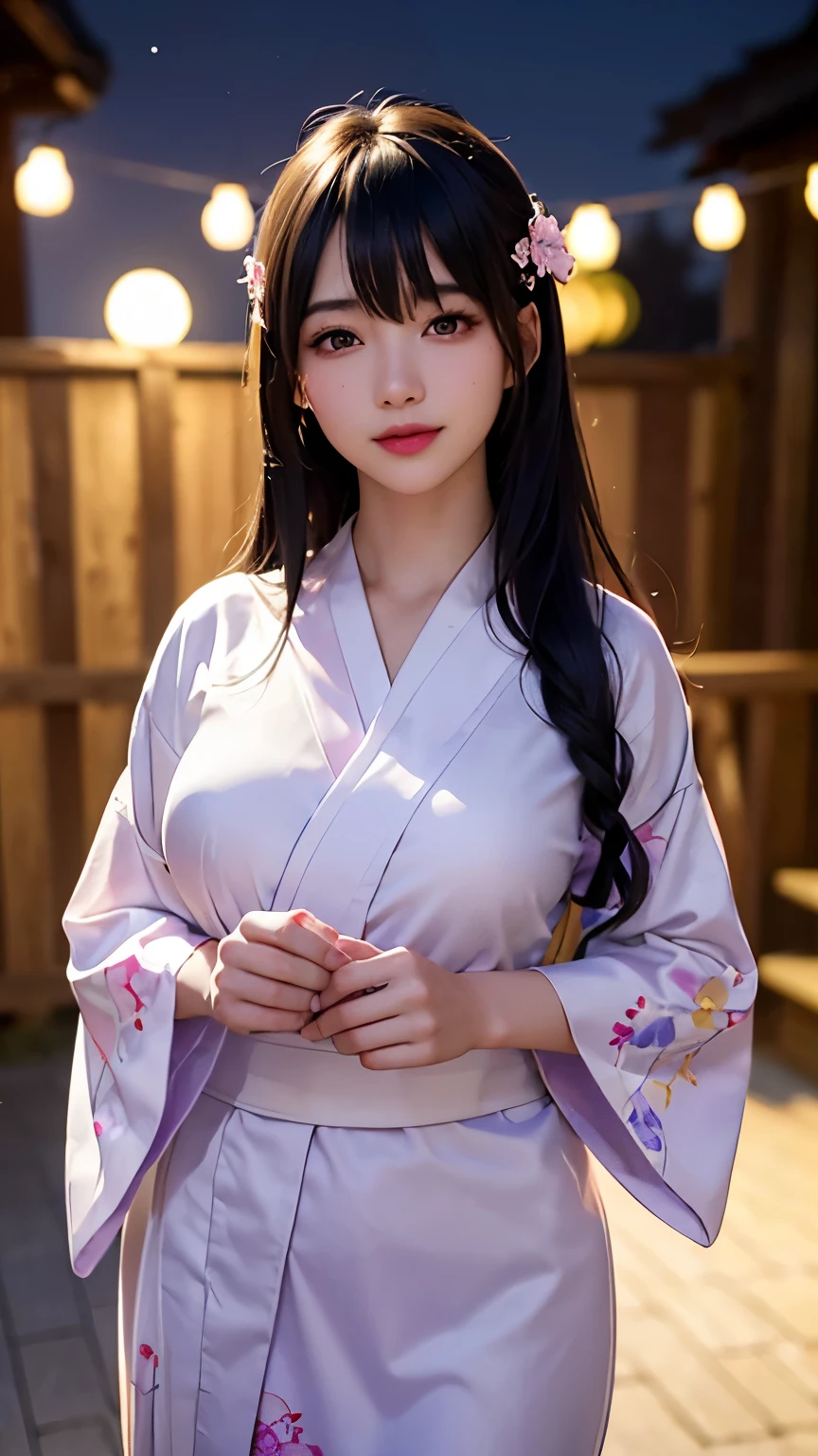 (logo、masterpiece、8K、Tabletop、RAW Photos、wonderful、最high quality、フォトリアリスティックでVery detailedな CG 複合 8K 壁紙、high quality、Very detailed、Narrative poem、Particle Effects、Dynamic Effects、Depth of the Boundary、Cinematic Light、Lens flare、Ray Tracing)、 (One beautiful woman wearing a yukata、White yukata、Light purple pattern)、Black-haired、High definition skin、Very fine、Fine skin texture、Beautiful Face、True Face、Beautiful details in the eyes、Realistic eyes、Beautifully detailed eyes、Realistic Skin、Beautiful Skin、Surreal、Smiling Eyes、Hair and light eyes、vivid、Colorful lights and bokeh、plump lower lip、Pink Lips、Hair flutters in Wind、Hair bounces、wonderful景色、night、evening、Wind、moonlight、moonlight、light