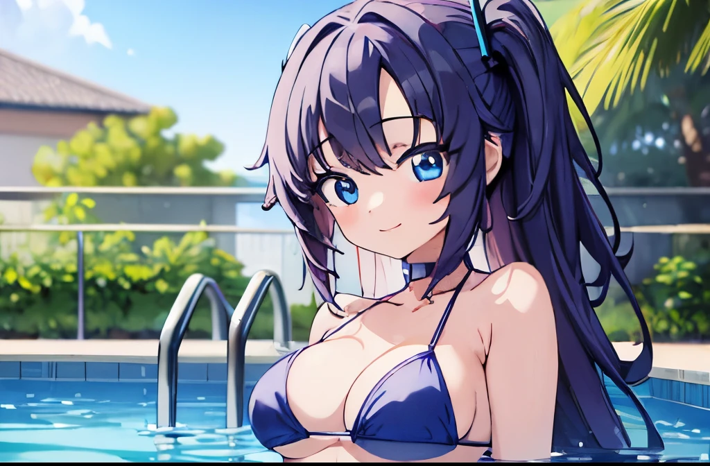 ((masterpiece)), ((best quality)), (ultra-detailed), anime style, pool, a cute girl, 1girl, solo, ((beautiful eyes)), smile, bikini00,