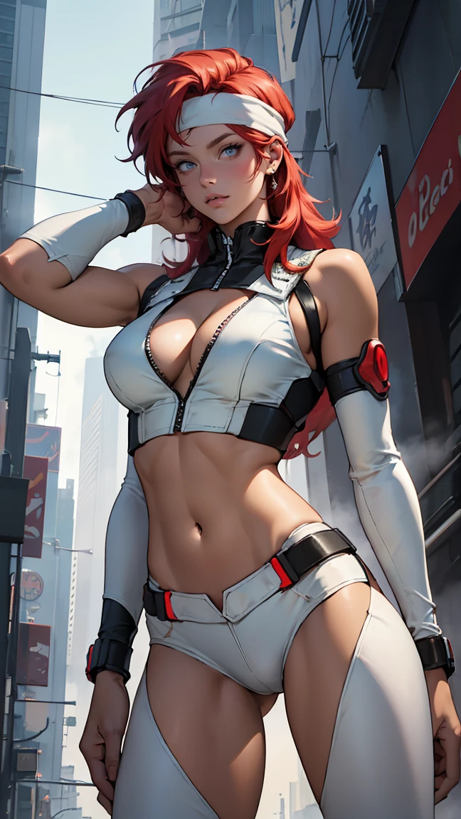 ((Masterpiece, highest quality; 1.3)), super quality, beautiful detail, super detailed, extra fine, 16K, exquisite, absurd, high resolution, beautiful background, detailed background, beautiful eyes, beautiful skin, anime style, Kay from Dirty Pair in a white outfit, tight outfit, cleavage, bushy redhead beauty, very light blue uniform, wearing tight clothes, skimpy, (mid chest: 1.2), cleavage, cleavage, slim waist , thin waist, slim thighs, thin legs, slim legs. thigh gap, showing stomach, skinny, thin hips, cyberpunk city background, holding retro space gun , headband,