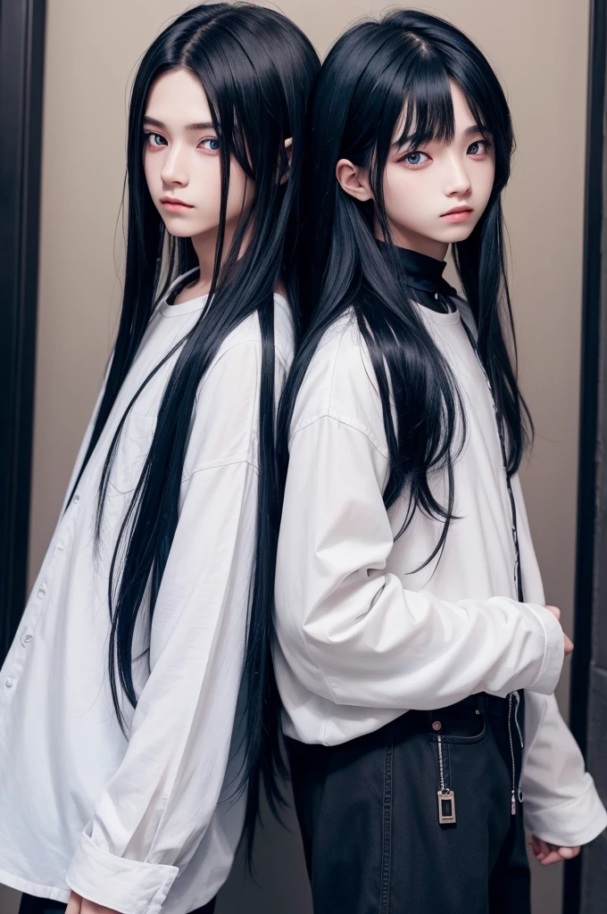 2 twin boys, one boy has long hair and the other has short hair, They both have red eyes and dark blue hair and black clothes and are very beautiful.