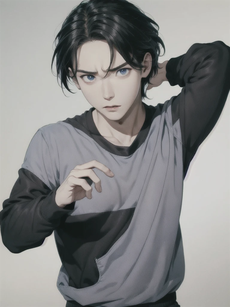 young man, messy black hair, Blue eyes, Korean, Casual clothes, shirts, anger, Masterpiece, high quality, 2D, handsome, Delgado