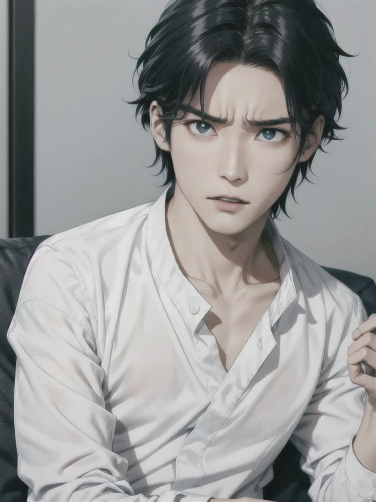 young man, messy black hair, Blue eyes, Korean, Casual clothes, shirts, anger, Masterpiece, high quality, 2D, handsome, Delgado 