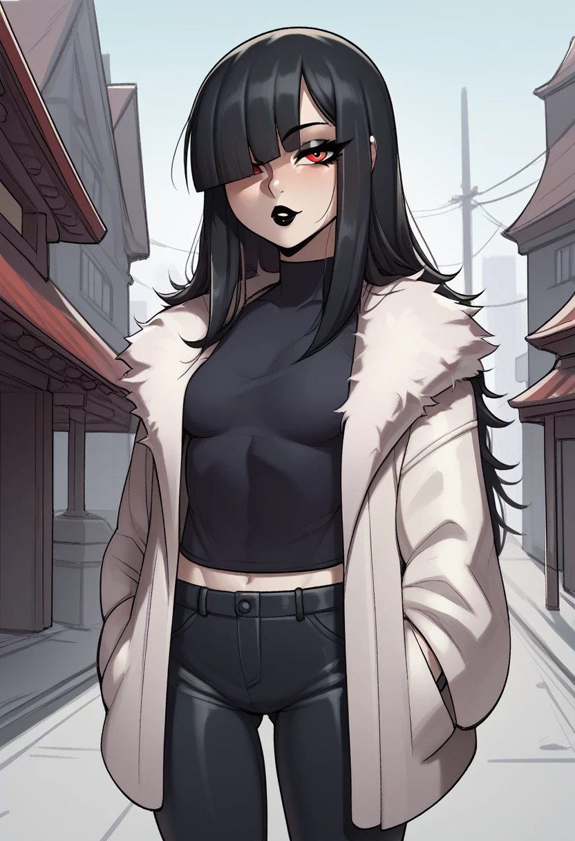 score_9, score_8_up, score_7_up, score_6_up, score_5_up, score_4_up, BREAK 1girl, black hair, loose hair, swept bangs, red eyes, long eyelashes, seductive expression, blunt bangs, short, BREAK solo, small breasts, skinny, arched back, thigh gap, shrine maiden, fur coat, innocent, lovely, adorable, long hair, hair covering one eye, dark mage, fully clothed, hibakama pants, hakui shirt, yakuza, city street background, black lipstick,