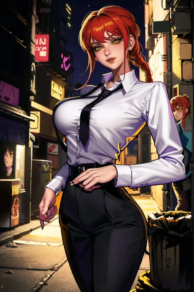 NSFW, 1girl, (solo:1.2), (adjusting clothes:1.3), (looking at self:1.5), (cowboy shot:1.5), (curvy:1.2), large breasts, huge breasts, round full breasts, (masterpiece:1.3), (best quality:1.3), (perfect anatomy:1.4), highly detailed, sciamano240, soft shading, detailed, semi-realistic, makima, long hair, smile, bangs, (yellow eyes:1.2), braid, red hair, braided ponytail, ringed eyes, shirt, long sleeves, white shirt, necktie, collared shirt, pants, very thin waist, heart shaped hips, black pants, formal, suit, black necktie, shirt tucked in, office lady, (night:1.5), (dark alleyway inside a large city:1.2), (chainlink fence:1.2), (trash lying around:1.2), concrete, sparse lighting, (dystopian)