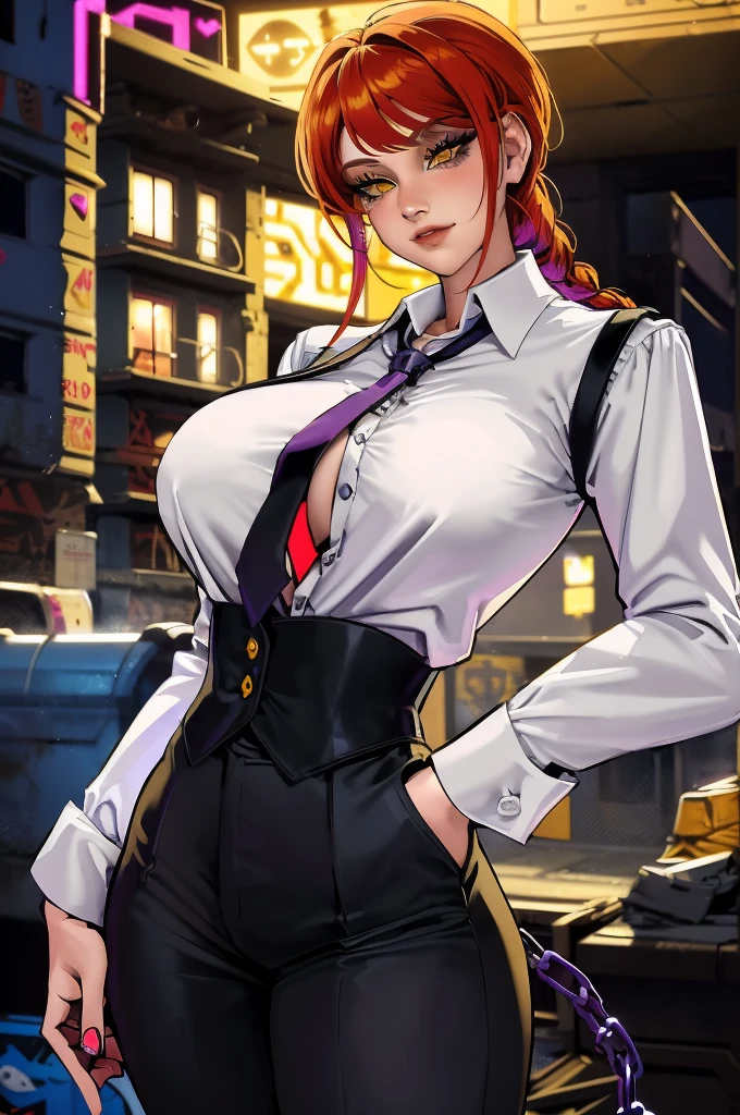 NSFW, 1girl, (solo:1.2), (adjusting clothes:1.3), (looking at self:1.5), (cowboy shot:1.5), (curvy:1.2), large breasts, huge breasts, round full breasts, (masterpiece:1.3), (best quality:1.3), (perfect anatomy:1.4), highly detailed, sciamano240, soft shading, detailed, semi-realistic, makima, long hair, smile, bangs, (yellow eyes:1.2), braid, red hair, braided ponytail, ringed eyes, shirt, long sleeves, white shirt, necktie, collared shirt, pants, very thin waist, heart shaped hips, black pants, formal, suit, black necktie, shirt tucked in, office lady, (night:1.5), (dark alleyway inside a large city:1.2), (chainlink fence:1.2), (trash lying around:1.2), concrete, sparse lighting, (dystopian)