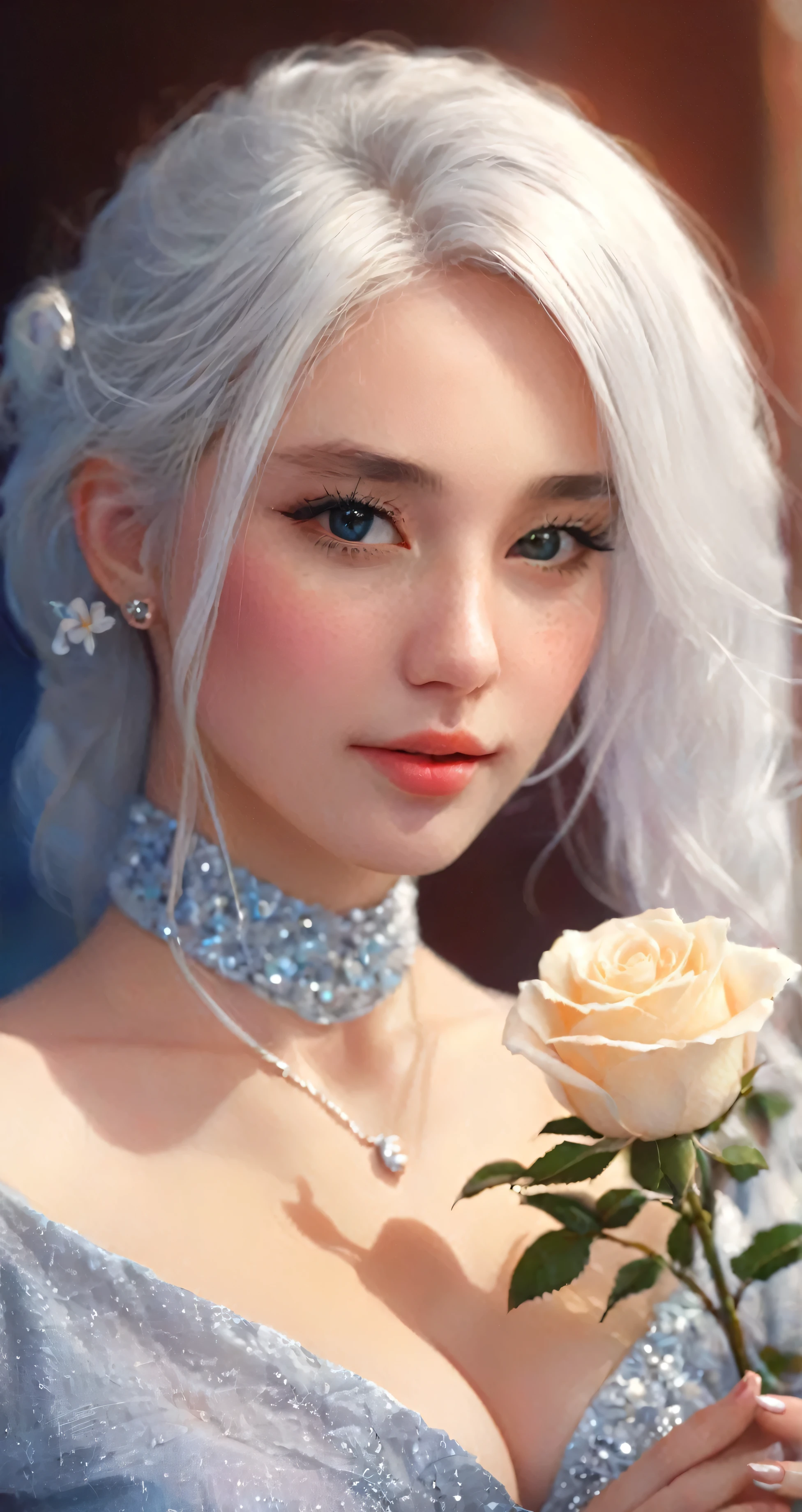 a close up of a woman with a rose in her hand, artwork in the style of guweiz, realistic artstyle, girl with white hair, 🌺 cgsociety, guweiz, trending on cgstation, perfect white haired girl, in the art style of bowater, fantasy art style, inspired by Yanjun Cheng, beautiful digital artwork, show cleavage