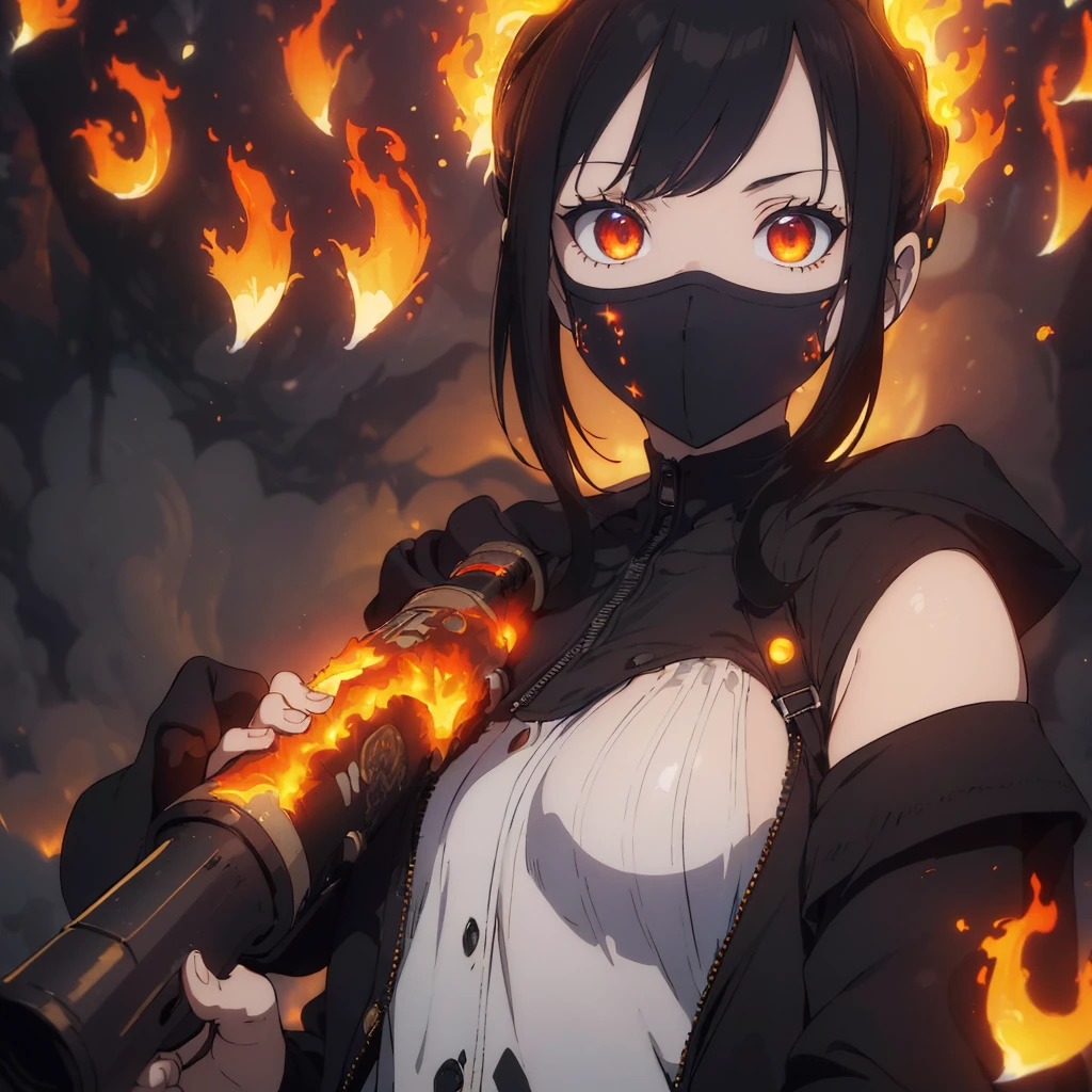 ((best quality)), ((masterpiece)), (detailed),score_9, score_8_up, score_8_up, 1girl, depth of field, raw, intimate shot, (goth girl, face mask, ski mask, close jacket, off the shoulder, ((glowing particles, flames)), large perfect breasts, (holding a weapon), hold a weapon, gun, gamer, 
