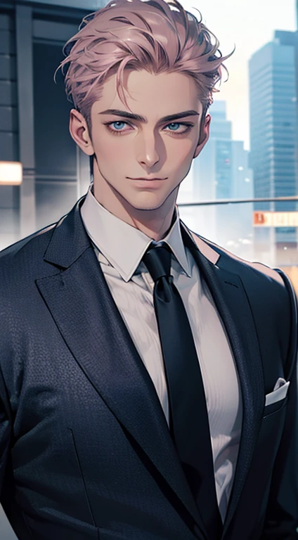 (best quality,4k,8k,highres,masterpiece:1.2),ultra-detailed,(realistic,photorealistic,photo-realistic:1.37),1 man,31 years old,mature man,very handsome,without expression,smile,short grey pink hair,blue eyes,penetrating gaze,perfect face without errors,imposing posture,businessman,office background,cinematic lighting,hdr image