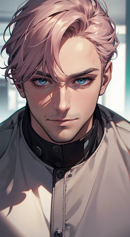 (best quality,4k,8k,highres,masterpiece:1.2),ultra-detailed,(realistic,photorealistic,photo-realistic:1.37),1 man,31 years old,mature man,very handsome,without expression,smile,short grey pink hair,blue eyes,penetrating gaze,perfect face without errors,imposing posture,businessman,office background,cinematic lighting,hdr image