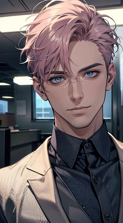 (best quality,4k,8k,highres,masterpiece:1.2),ultra-detailed,(realistic,photorealistic,photo-realistic:1.37),1 man,31 years old,mature man,very handsome,without expression,smile,short grey pink hair,blue eyes,penetrating gaze,perfect face without errors,imposing posture,businessman,office background,cinematic lighting,hdr image