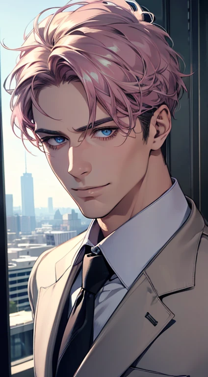 (best quality,4k,8k,highres,masterpiece:1.2),ultra-detailed,(realistic,photorealistic,photo-realistic:1.37),1 man,31 years old,mature man,very handsome,without expression,smile,short grey pink hair,blue eyes,penetrating gaze,perfect face without errors,imposing posture,businessman,office background,cinematic lighting,hdr image