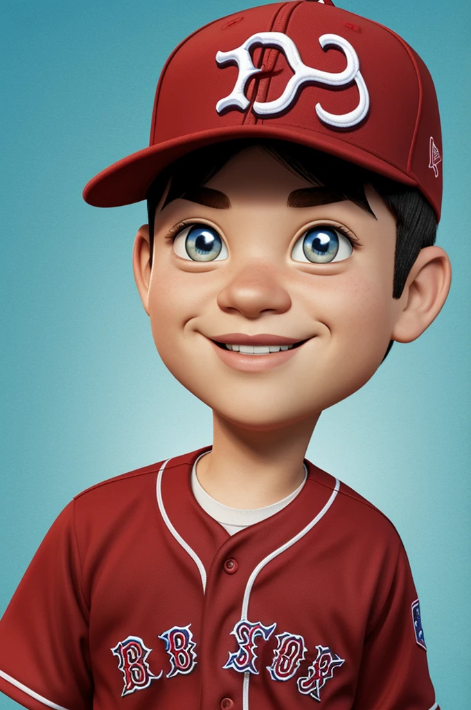 Pixar style boy caricature, short hair, thick lips with boston red sox baseball shirt