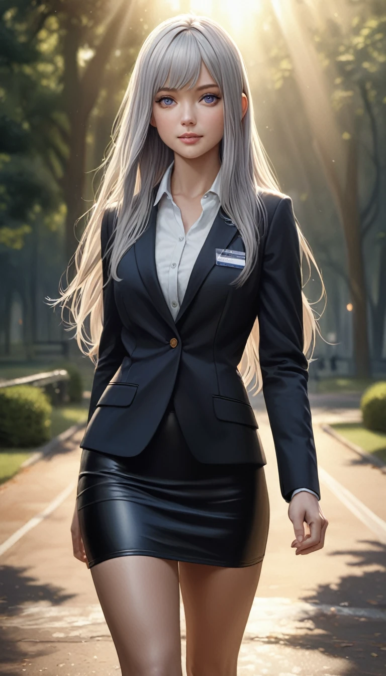(masterpiece:1.2, top-quality), (realistic, photorealistic:1.4), beautiful illustration, (natural side lighting, movie lighting),
looking at viewer, cowboy shot, front view, 1 girl, japanese, high school girl, perfect face, cute and symmetrical face, shiny skin, babyface,
(long hair, straight hair, silver hair), hair between eyes, purple eyes, (middle breasts, seductive thighs, big ass), piercings,
beautiful hair, beautiful face, beautiful detailed eyes, beautiful clavicle, beautiful body, beautiful chest, beautiful thigh, beautiful legs, beautiful fingers,
((long sleeves, white collared shirt, black suit jacket, black pencil mini skirt), id card, strap, black high heels),
(beautiful scenery), evening, park, walking, (lovely smile, upper eyes), big , ((high resolution face)), (((ass)))