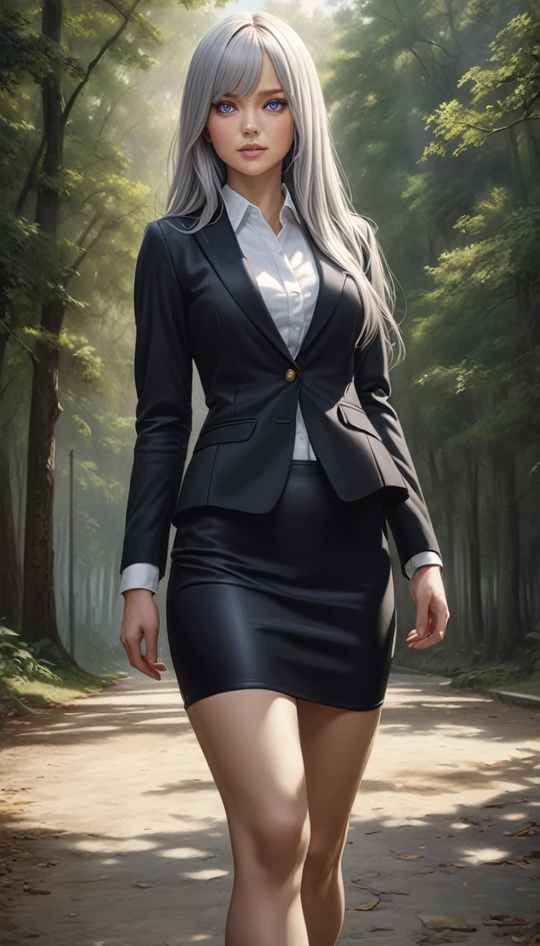 (masterpiece:1.2, top-quality), (realistic, photorealistic:1.4), beautiful illustration, (natural side lighting, movie lighting),
looking at viewer, cowboy shot, front view, 1 girl, japanese, high school girl, perfect face, cute and symmetrical face, shiny skin, babyface,
(long hair, straight hair, silver hair), hair between eyes, purple eyes, (middle breasts, seductive thighs, big ass), piercings,
beautiful hair, beautiful face, beautiful detailed eyes, beautiful clavicle, beautiful body, beautiful chest, beautiful thigh, beautiful legs, beautiful fingers,
((long sleeves, white collared shirt, black suit jacket, black pencil mini skirt), id card, strap, black high heels),
(beautiful scenery), evening, park, walking, (lovely smile, upper eyes), big , ((high resolution face)), (((ass)))