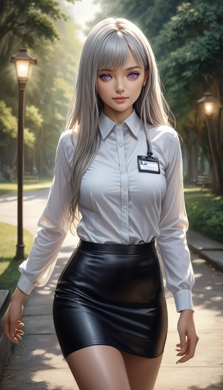 (masterpiece:1.2, top-quality), (realistic, photorealistic:1.4), beautiful illustration, (natural side lighting, movie lighting), 
looking at viewer, cowboy shot, front view, 1 girl, japanese, high school girl, perfect face, cute and symmetrical face, shiny skin, babyface, 
(long hair, straight hair, silver hair), hair between eyes, purple eyes, (middle breasts, seductive thighs, big ass), piercings, 
beautiful hair, beautiful face, beautiful detailed eyes, beautiful clavicle, beautiful body, beautiful chest, beautiful thigh, beautiful legs, beautiful fingers, 
((long sleeves, white collared shirt, black suit jacket, black pencil mini skirt), id card, strap, black high heels), 
(beautiful scenery), evening, park, walking, (lovely smile, upper eyes), big , ((high resolution face)), (((ass)))