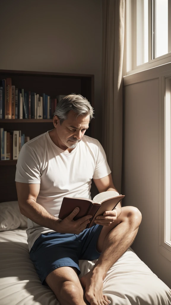 Middle-aged man sitting on the edge of the bed in his room reading the Bible.