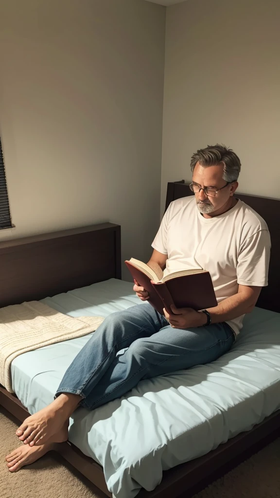 Middle-aged man sitting on the edge of the bed in his room reading the Bible.