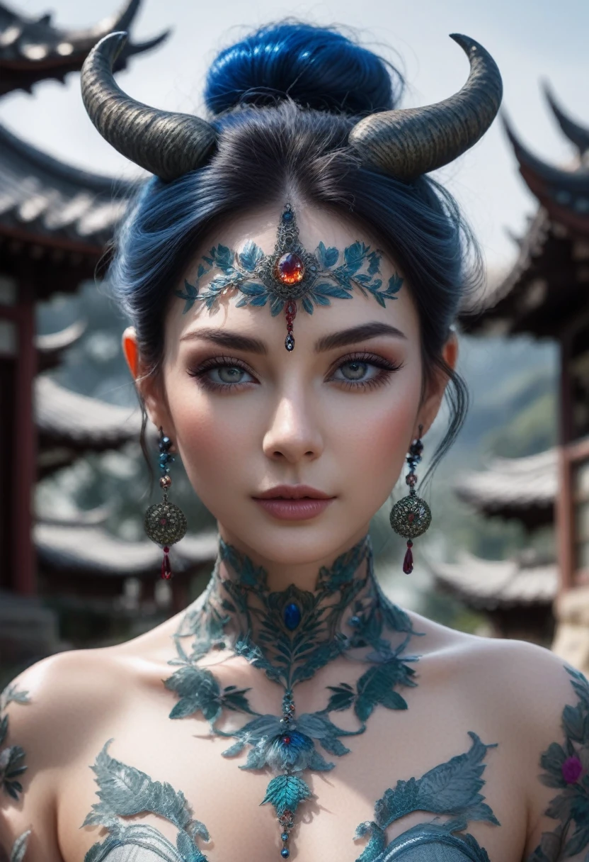 Full nude body photo of a mature woman, female demon of royal demonic heart, cursed tattoos , dark and bloody jewelry, intricate details,faded,extremely detailed eyes, very detailed eyes,4k resolution, blue flame levitating above the ground, nikon z9,Scary village,stalker,Stone forest in China's Yunnan province, under the rain. thunderstorm