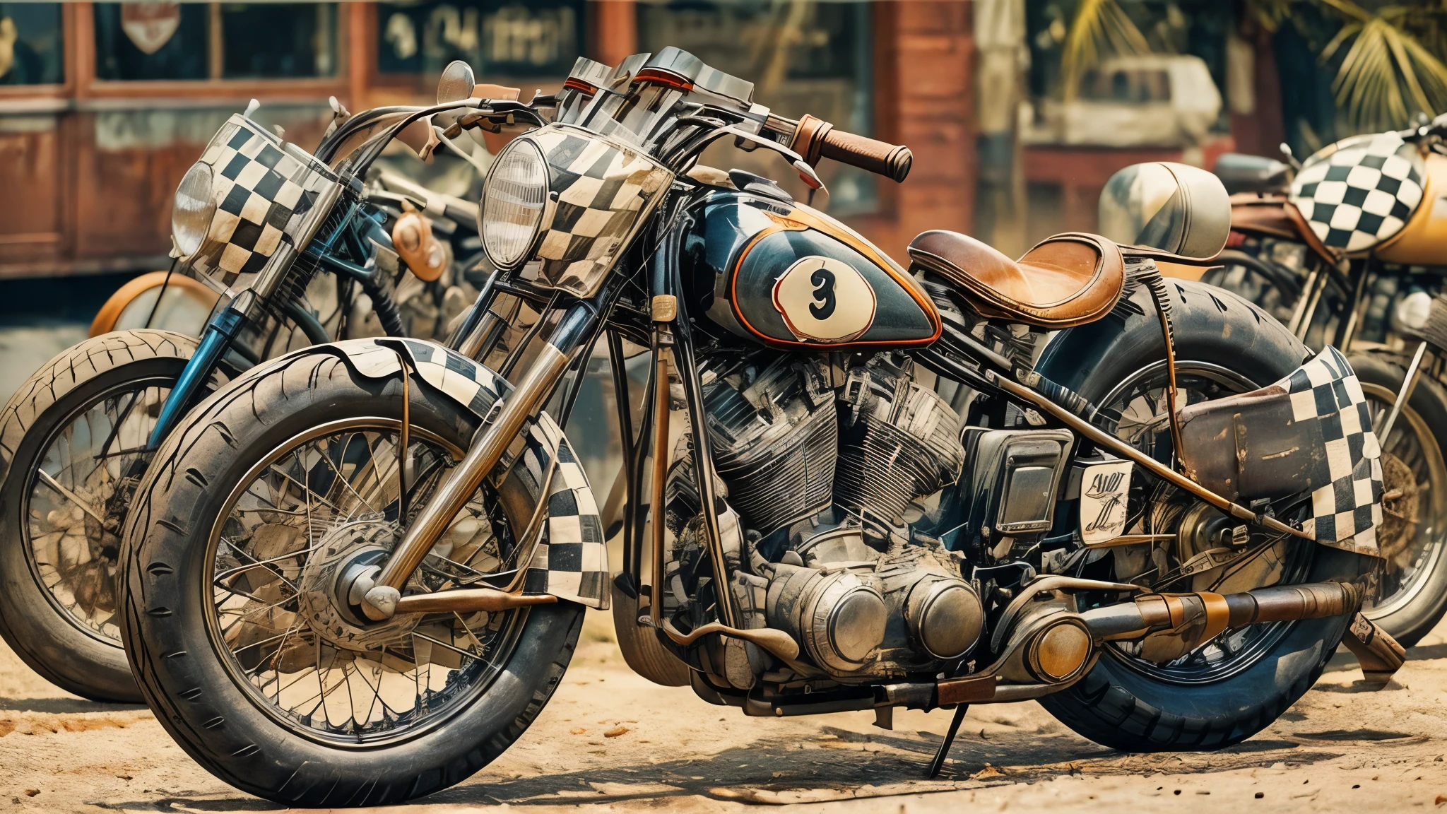 1940's era motorcycle racing, leather motorcycle helmets, checkered flag, dirt track, (early Harley Davidson motorcycles, bobber motorcycles, detailed motorcycle, detailed motor, detailed tires, proportional motorcycle frames), detailed faces, detailed riders,