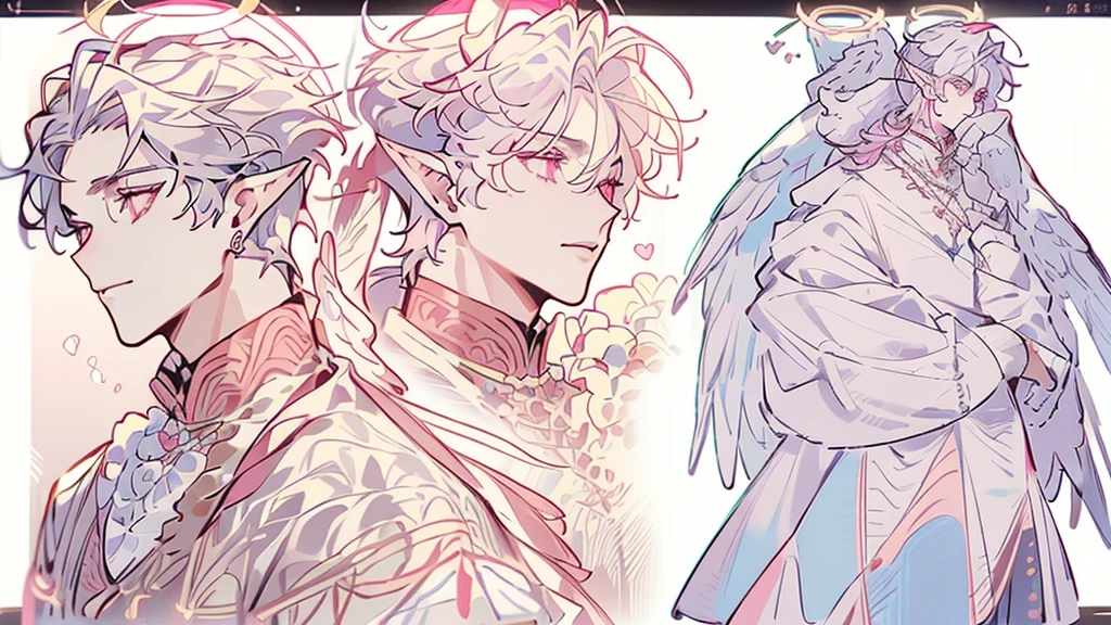 ((male focus)), ((reference sheet)), ((magnificent quality)), ((long white hair)), ((halo)), ((four angel wings)), ((pink eyes)), angel, angel boy, fancy clothes, regal clothes, ((wings for ears)), heart motif, pink gun with hearts on it, cupid, handsome male, reference sheet, adopt, deviantart adopt, toyhou.se, ((fullbody turnarounds))