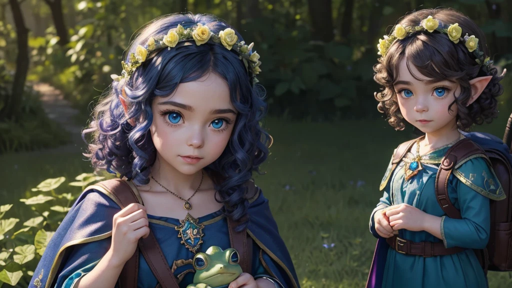 A little gnome with blue eyes and pointy ears, wearing a flower crown and adorned with intricate jewelry. She has curly hair and a cape with a crossed brooch. A small green frog with a backpack is sitting on his shoulder. She&#39;s riding a dog with a potion collar. The background is a dreamy forest, set in medieval RPG dungeon and dragon, add a dog mount