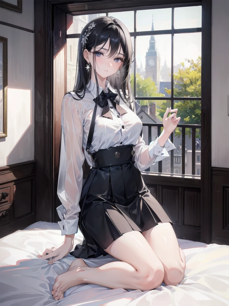 absurdres, RAW photo, extremely delicate and beautiful, masterpiece, Best Quality, ultra high resolution, 32k, hyperrealistic, ultra-detailed, in her 20s, delicate facial features, tearful mole, earring, medium breasts, full body shot, shorter middle black hair, skirt, button up shirt,